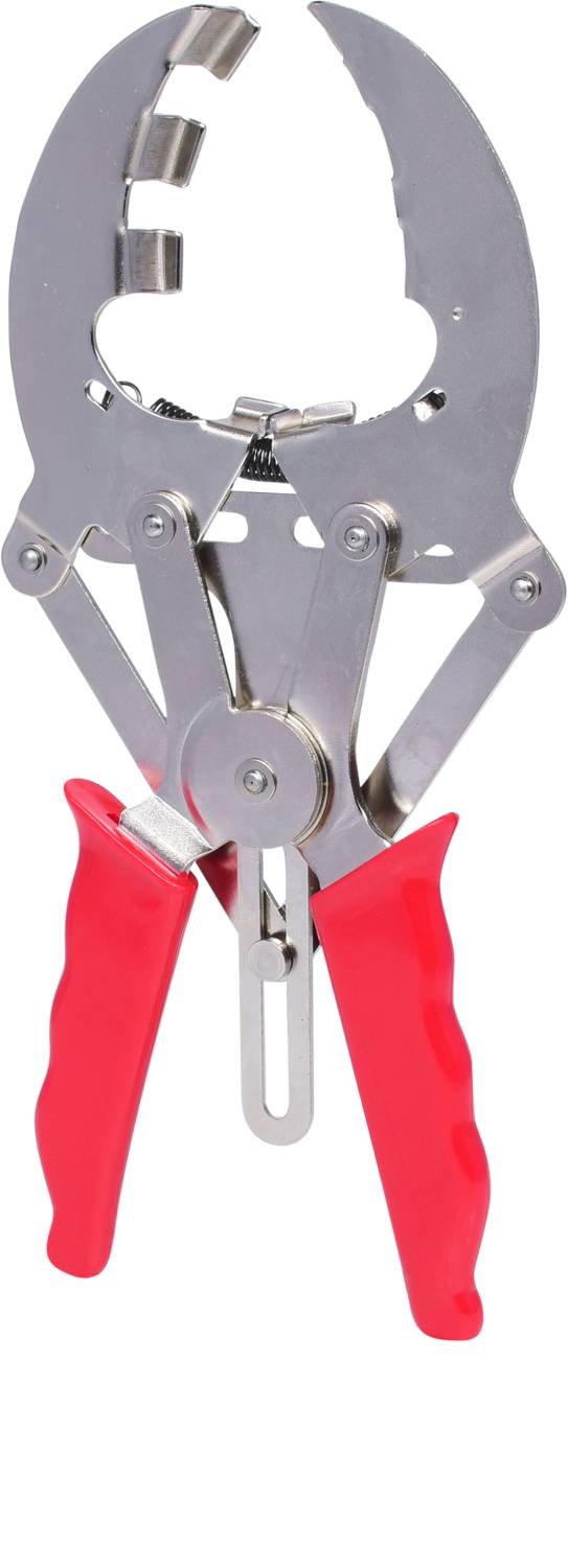 Utensile manuale con manici rossi, pinza metallica specializzata, probabilmente destinata ad applicazioni tecniche specifiche.