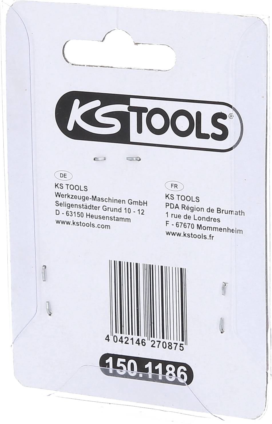 Imballaggio di KS Tools con numero prodotto 150.1186. Contiene informazioni aziendali in tedesco e francese.