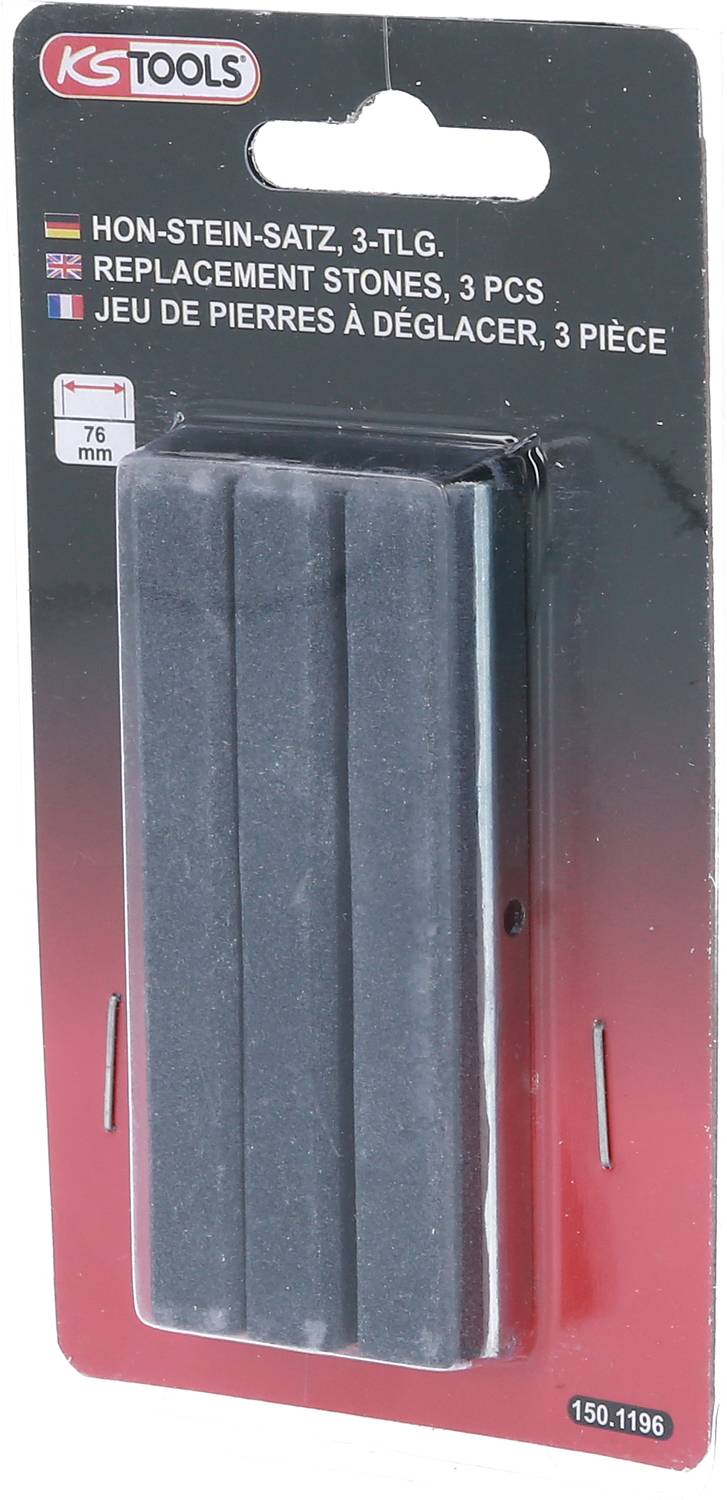'KS Tools' Honstein-Satz, 3 pezzi, dimensione 76 mm, confezionato su cartone rosso. Contiene tre pietre per la levigatura per applicazioni meccaniche.