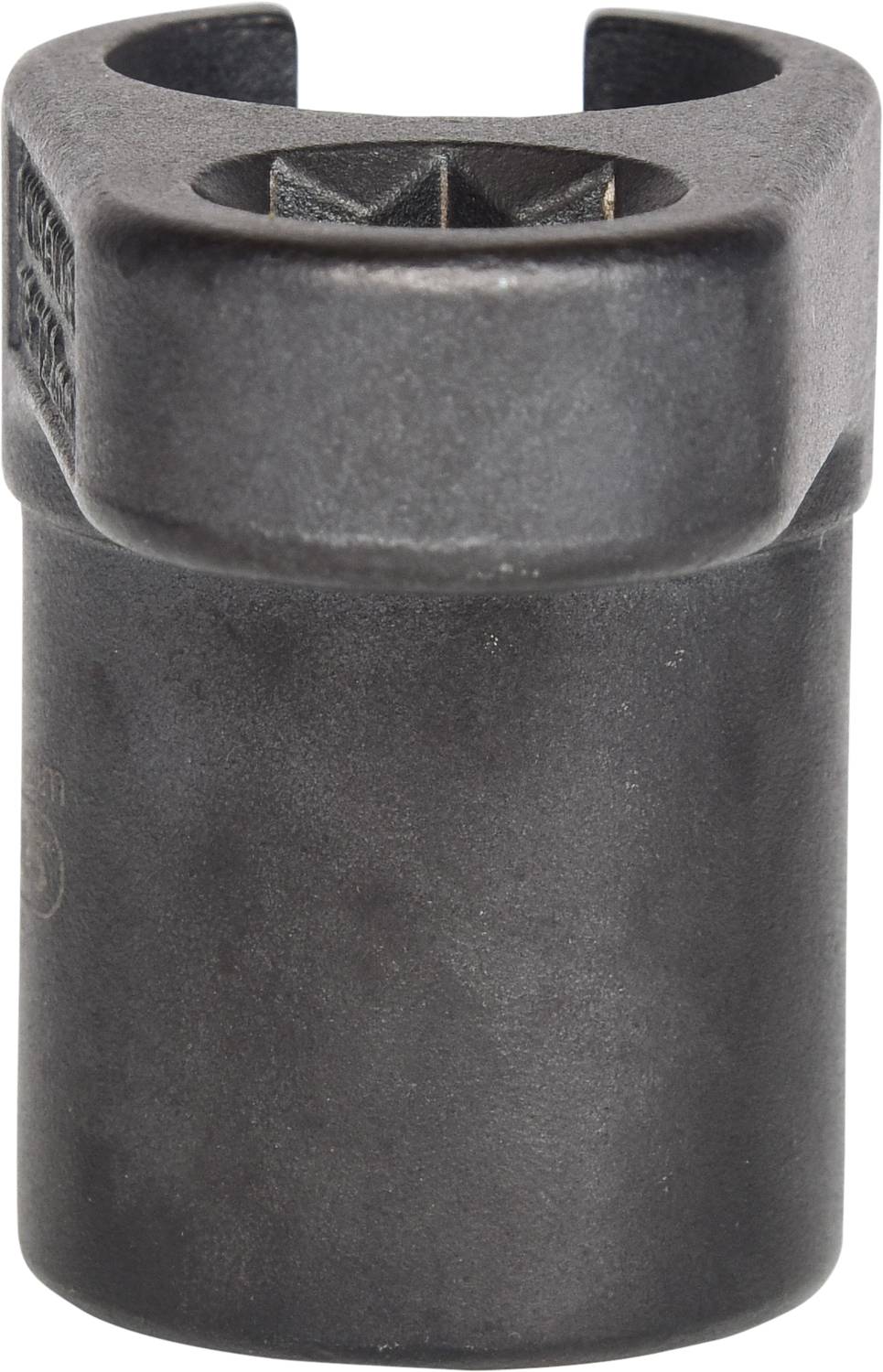 Un attrezzo nero e metallico che somiglia a un grande raccordo aperto per chiavi a bussola, adatto per connessioni di viti speciali.