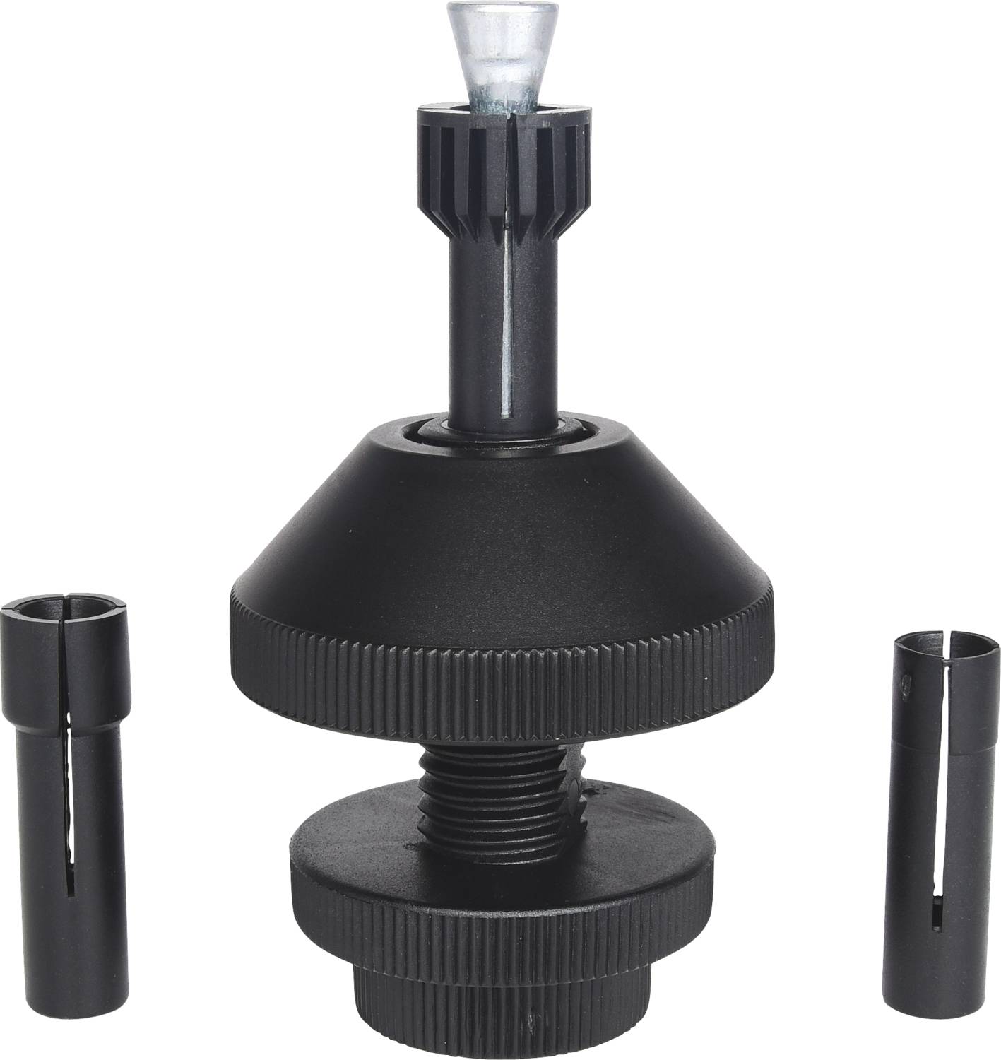 Un raccordo nero in plastica con una parte centrale e due pezzi laterali rimovibili, probabilmente parte di un sistema di irrigazione idrica.
