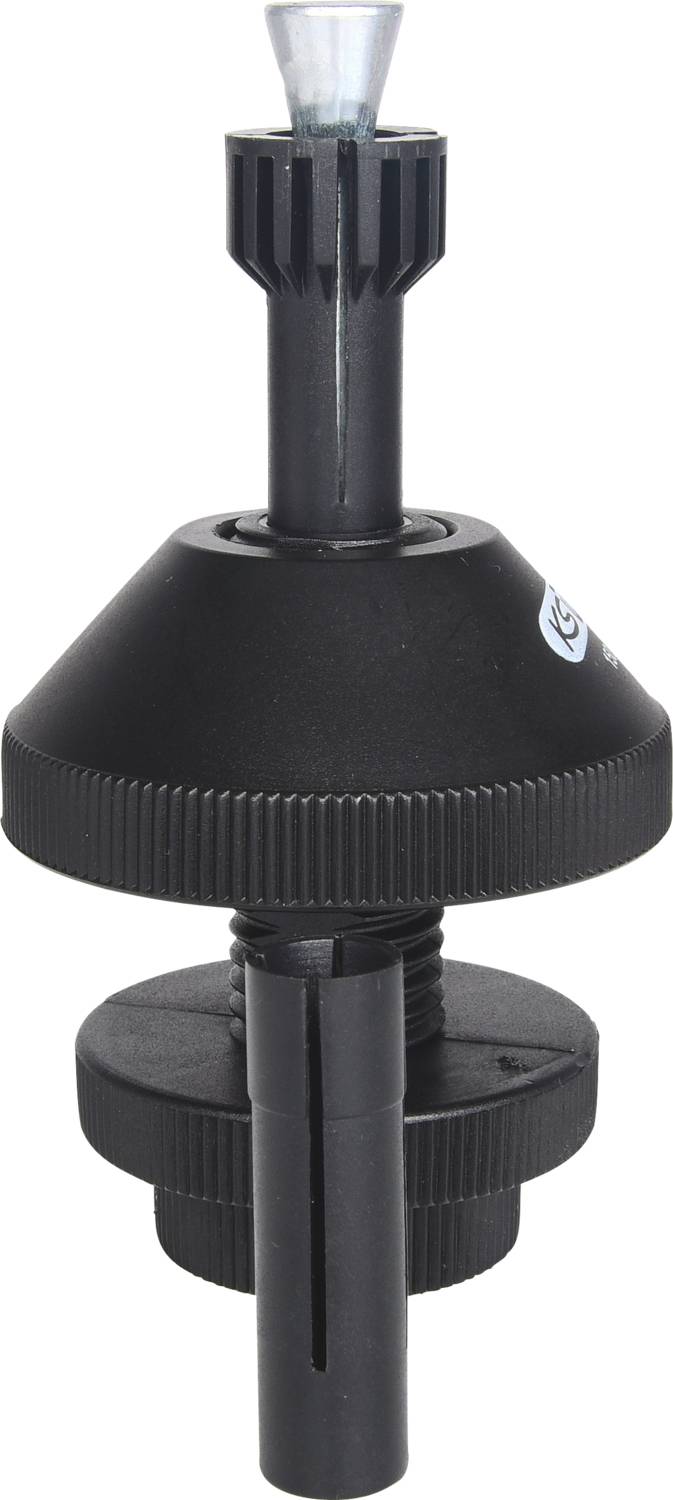 Un componente nero in plastica con base conica e bordi scanalati, probabilmente un elemento di connessione o fissaggio.
