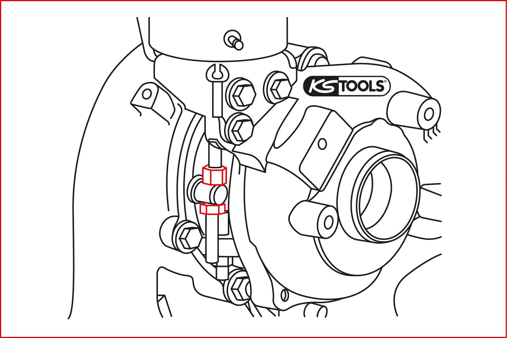 Disegno tecnico di un componente meccanico con diverse viti e un logo KS-Tools. Contrassegni evidenziano parti specifiche.
