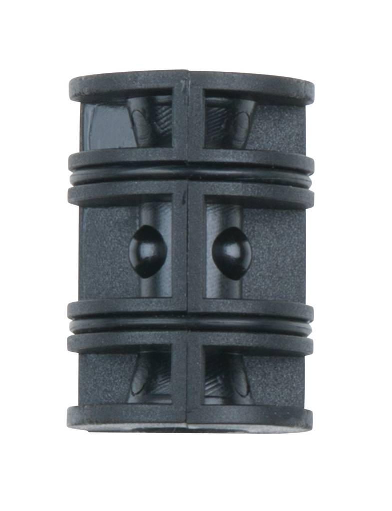 Un pezzo cilindrico nero in plastica con aree scanalate e con rilievi, probabilmente un componente tecnico o meccanico.