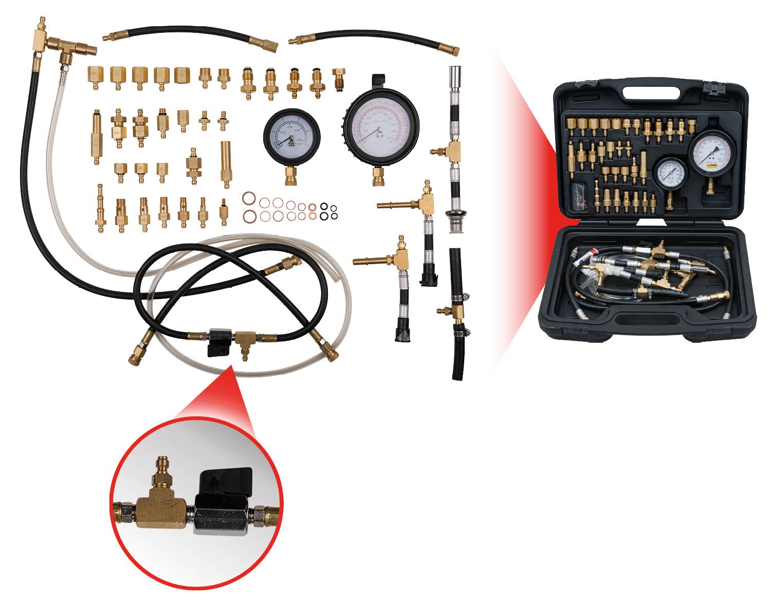 Set di strumenti di misurazione con manometri e tubi per la diagnosi veicoli, tutto ordinato in una valigetta nera aperta.