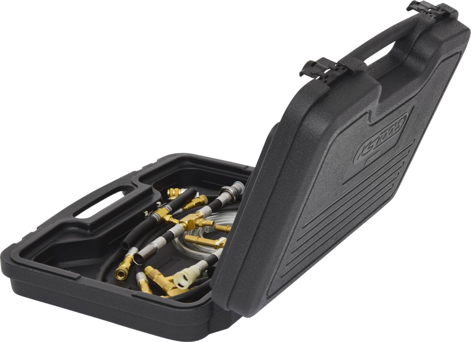 Custodia aperta nera in plastica con vari raccordi e tubi in ottone, presumibilmente per applicazioni tecniche.