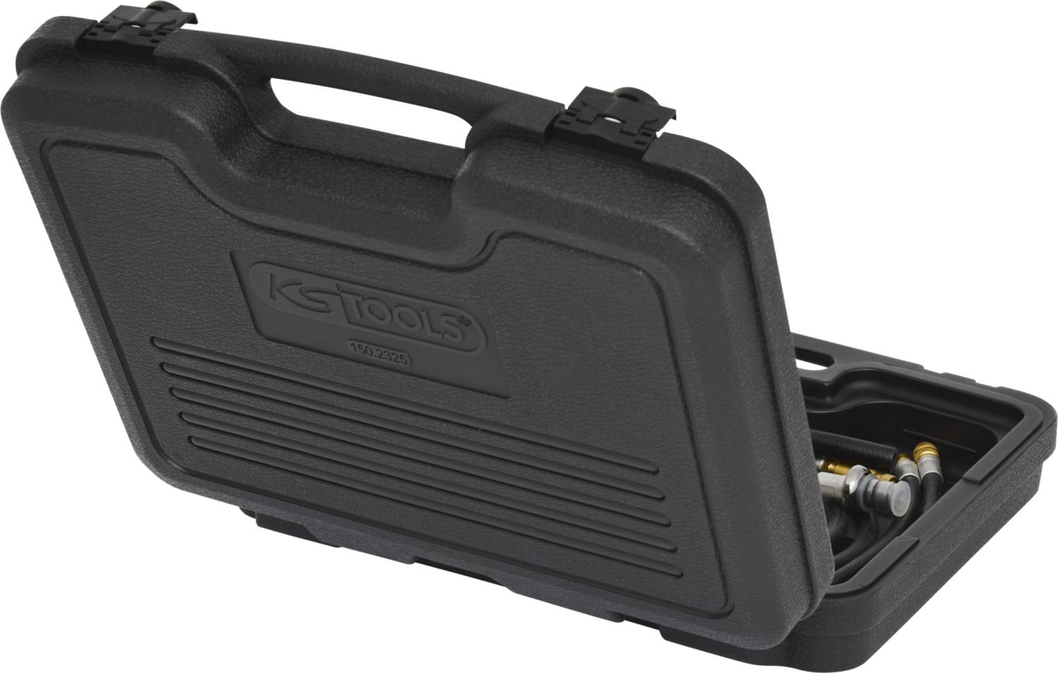 Valigetta nera in plastica contenente un set di utensili, parzialmente aperta, ideale per la conservazione e il trasporto di attrezzi.