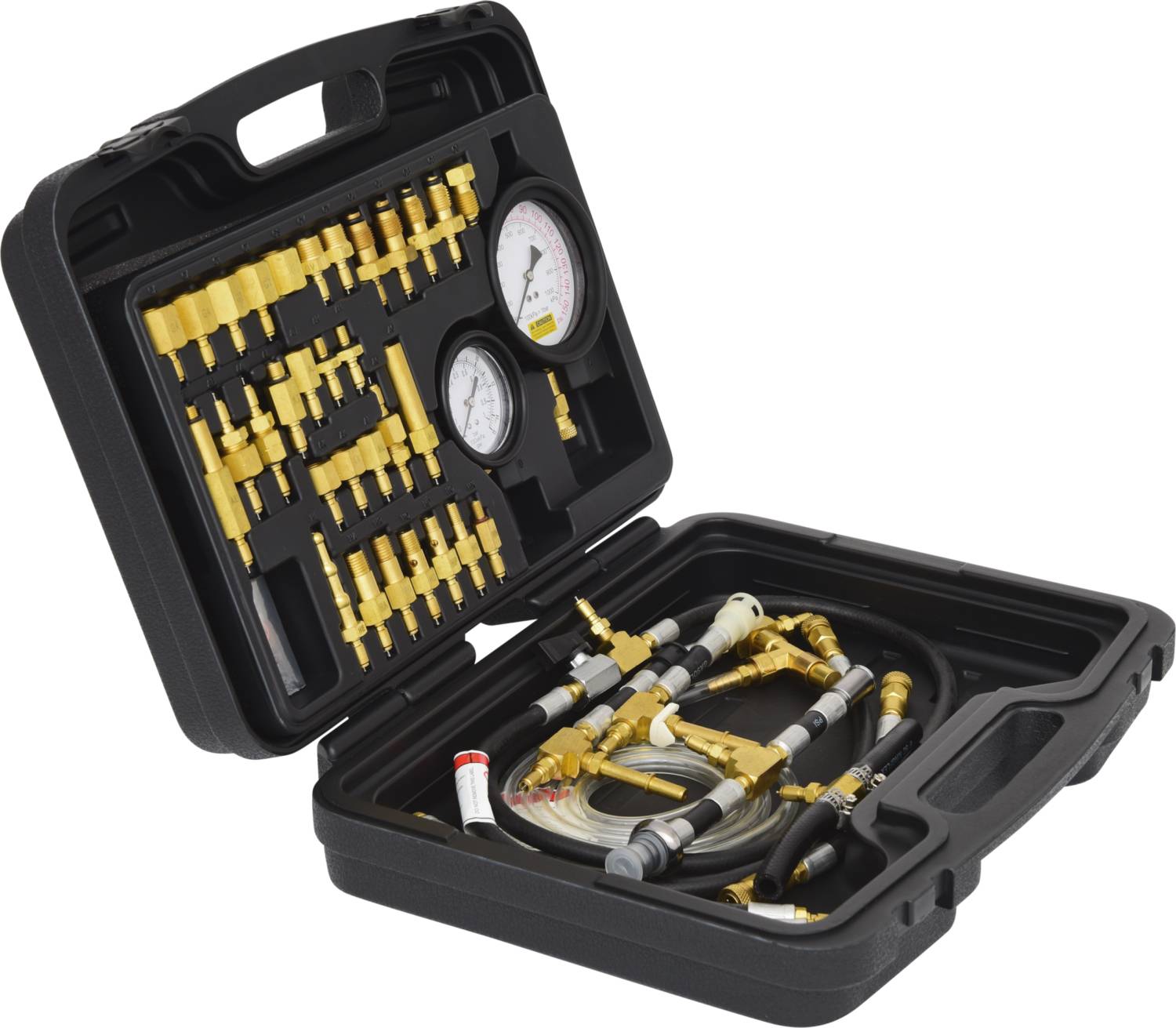 Un contenitore nero aperto contenente diversi manometri gialli e raccordi per misurazioni di pressione.