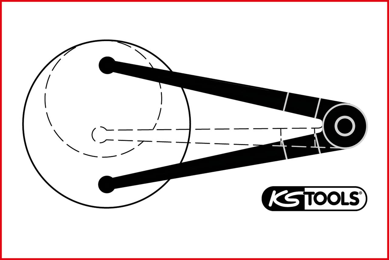 L'immagine mostra un diagramma tecnico di un utensile con bracci a leva e un disco rotondo. 'KS TOOLS' è raffigurato in basso a destra.