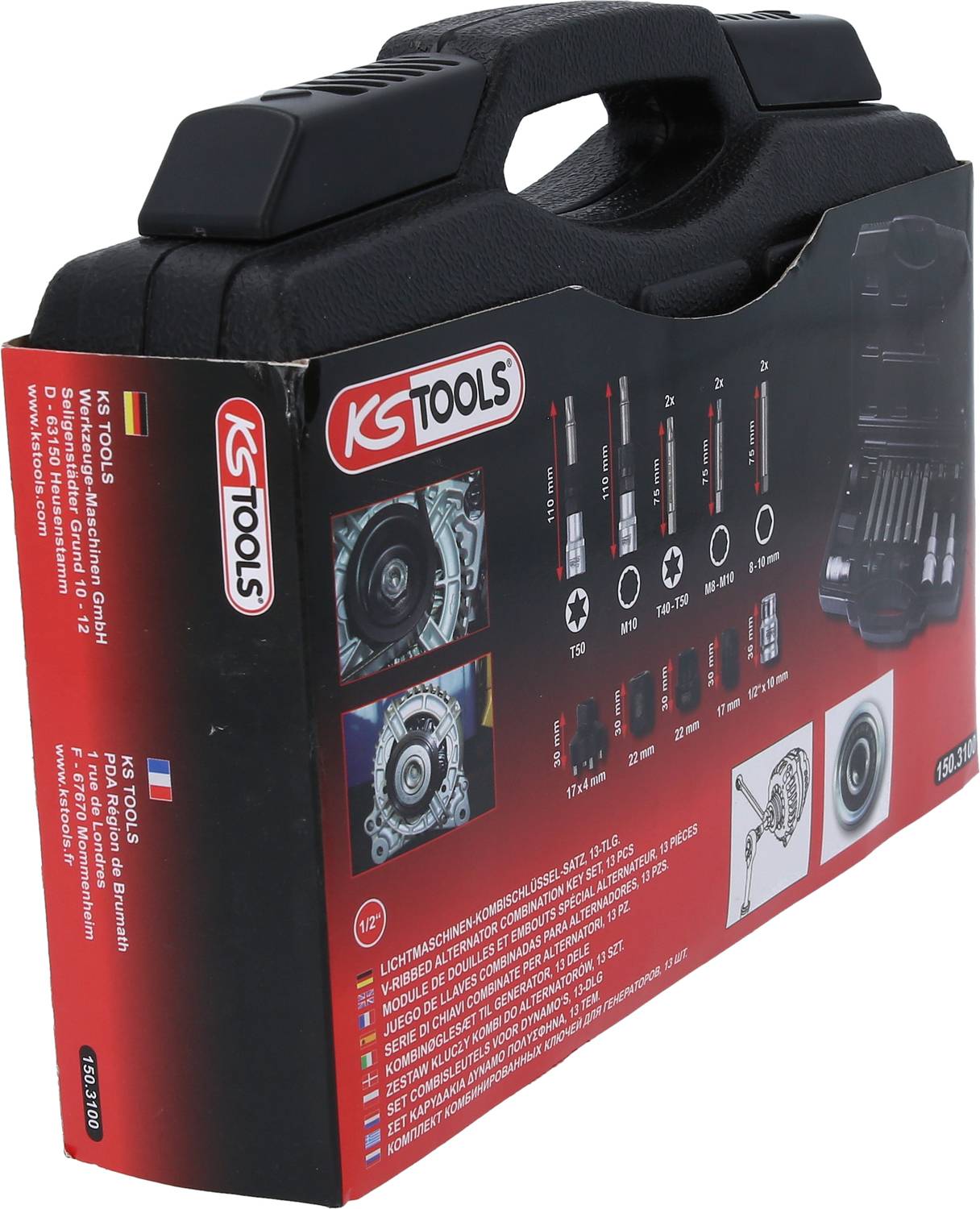 Valigetta degli attrezzi nera di KS Tools con branding rosso e contenuto illustrato: vari chiavi, cricchetti e accessori.