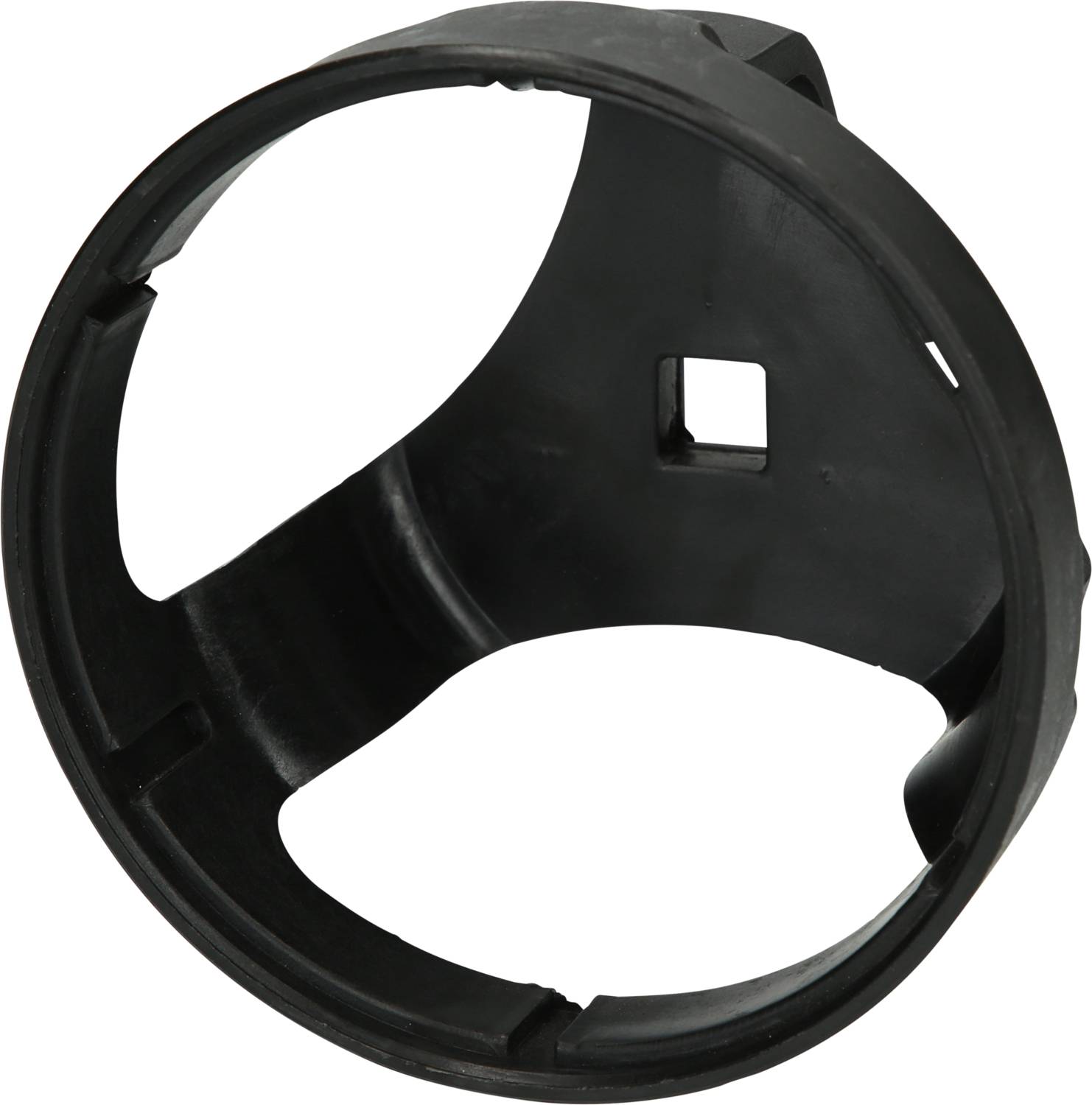 Tamburo in plastica, probabilmente parte di un dispositivo tecnico. Circolare con diverse fessure di ventilazione.
