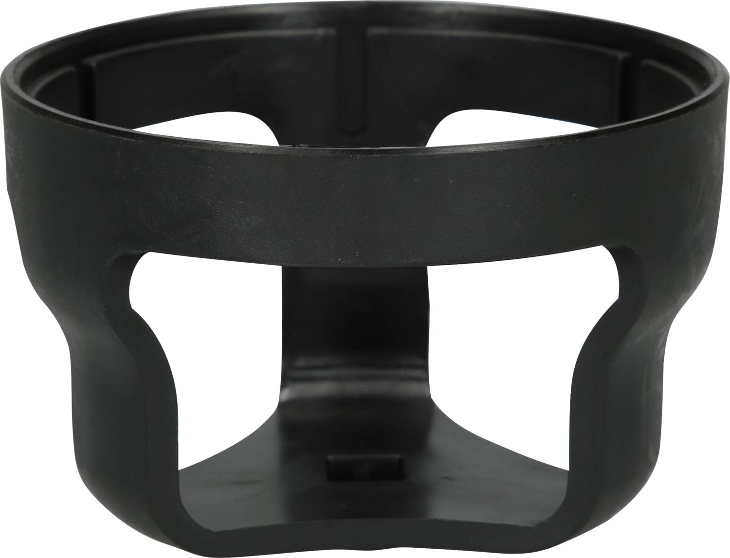 Un supporto nero in plastica con un design circolare e aperto. Ha strutture di supporto curve ed è probabilmente destinato a un utilizzo funzionale specifico.