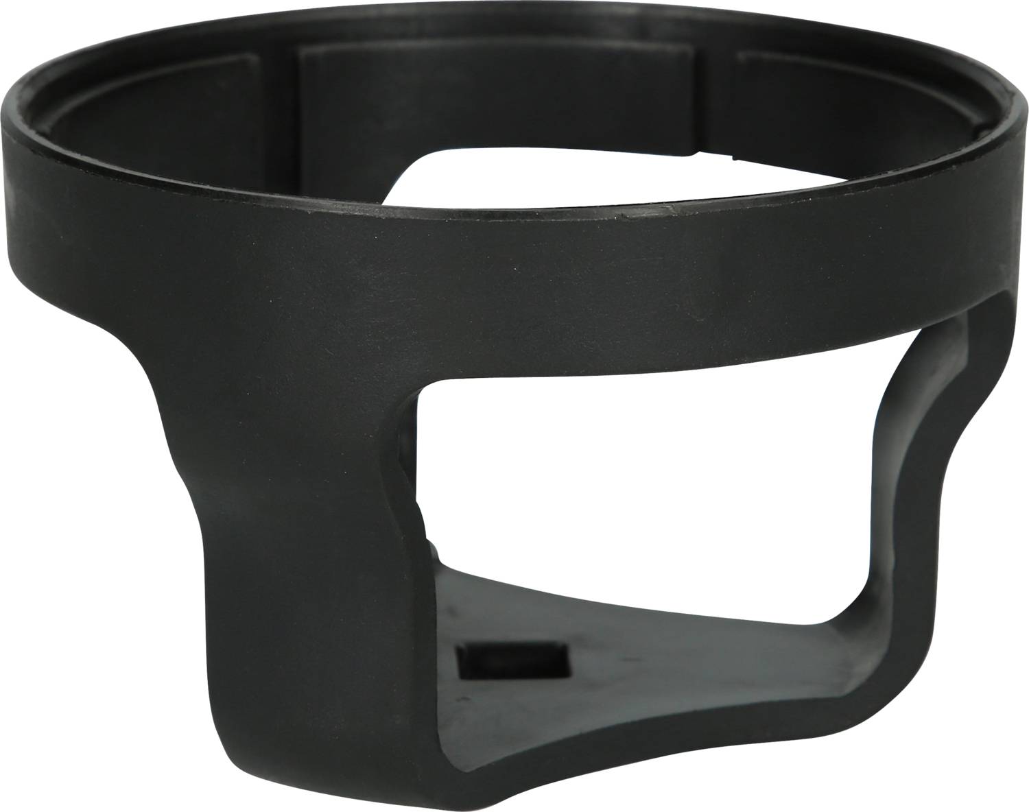Un componente nero in plastica, sagomato come un supporto o una staffa, con parte inferiore aperta e lati.
