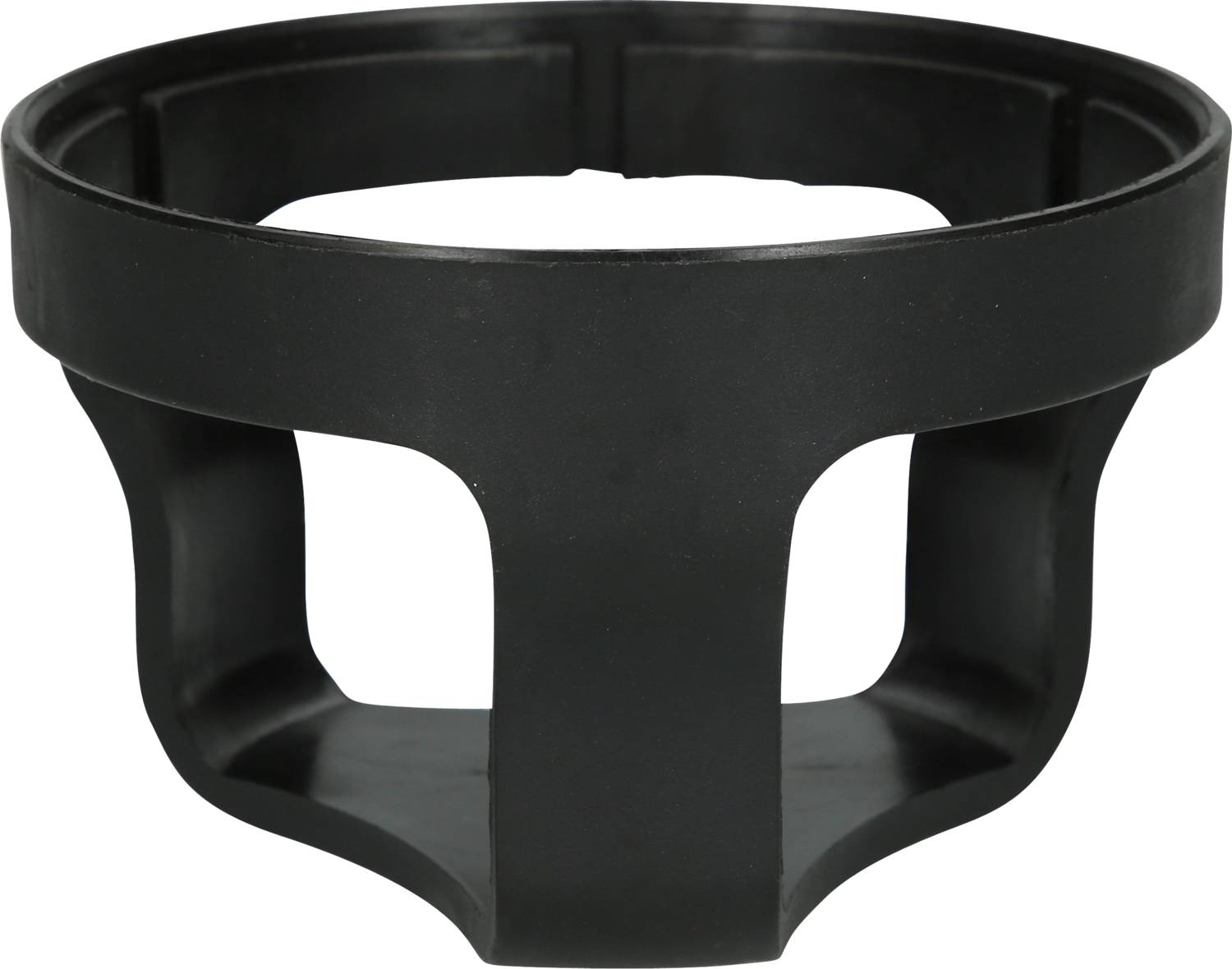 Un supporto per bicchieri nero, rotondo, in plastica con tre punti di supporto.