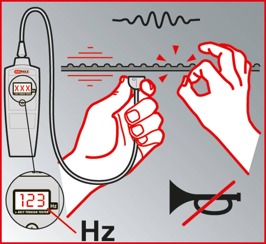 Una mano regola la tensione di una cinghia con un misuratore di frequenza, il display mostra '123 Hz', con il simbolo dell'indicazione acustica sbarrato.