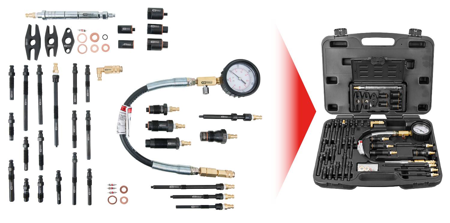 Kit tester di pressione motore in custodia nera. Vari adattatori, manometro con tubo, scatola di conservazione a destra. Per diagnosi veicoli.