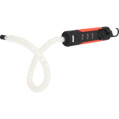 Luce da lavoro LED flessibile con involucro rosso e nero, braccio snodabile e gancio, ideale per illuminare aree difficilmente raggiungibili.