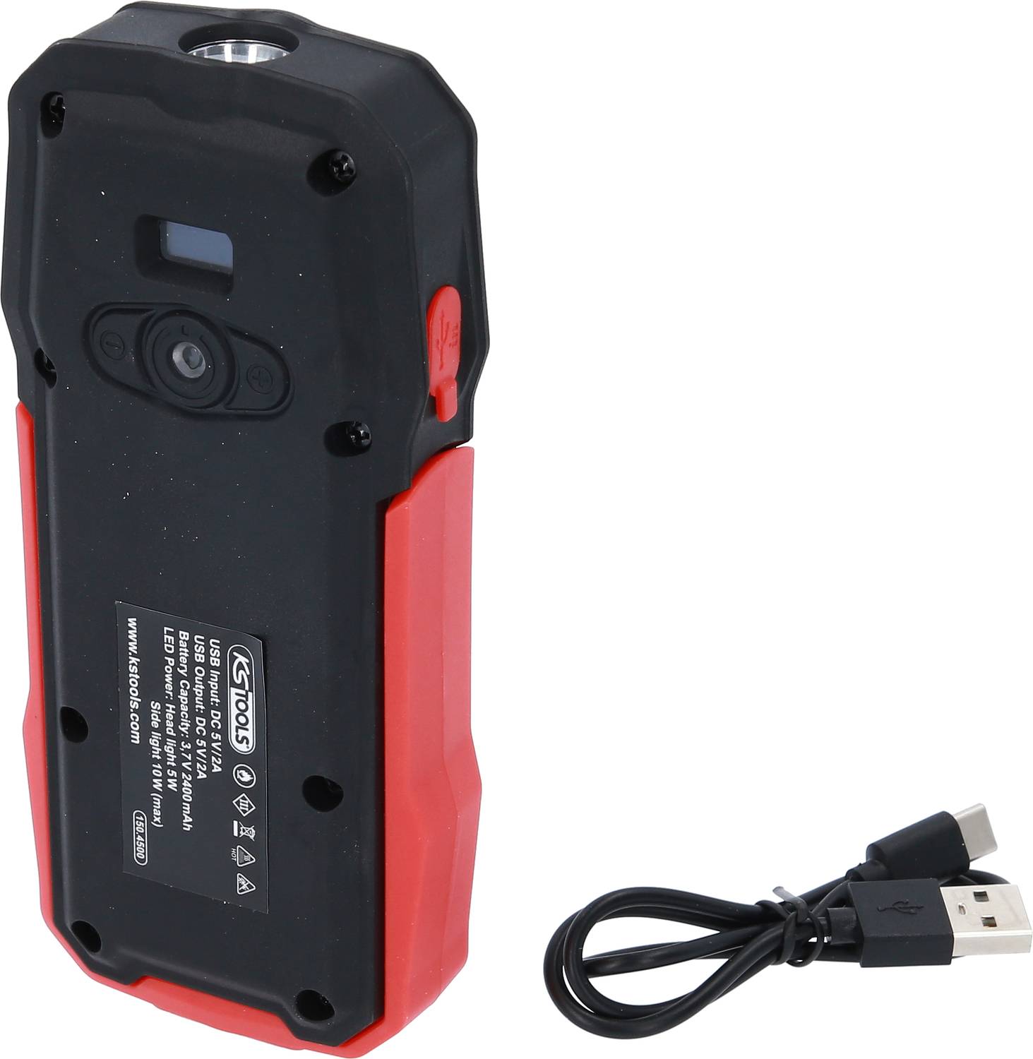 Telecamera di ispezione portatile nera e rossa con cavo di ricarica USB.