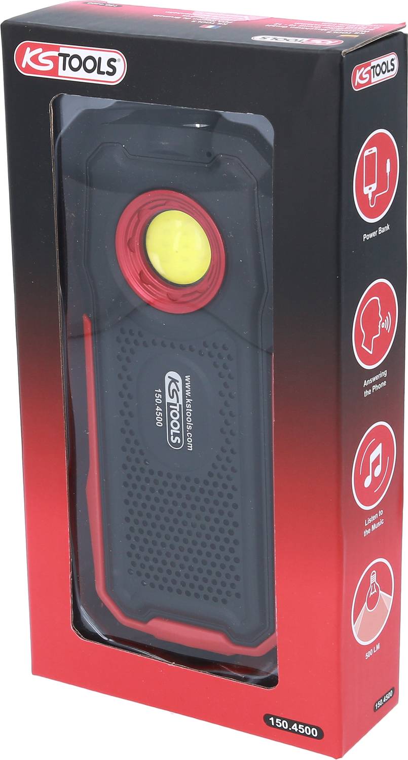 La confezione mostra un prodotto KS Tools che funge da power bank e luce da lavoro. Dispone di una lampada LED e di una porta USB.