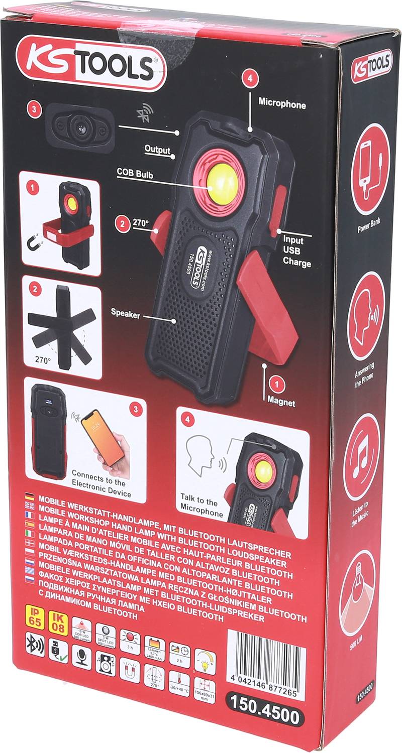 Proiettore da lavoro LED portatile con altoparlante Bluetooth, funzione di ricarica USB e design ruotabile a 270°, immagine del prodotto.