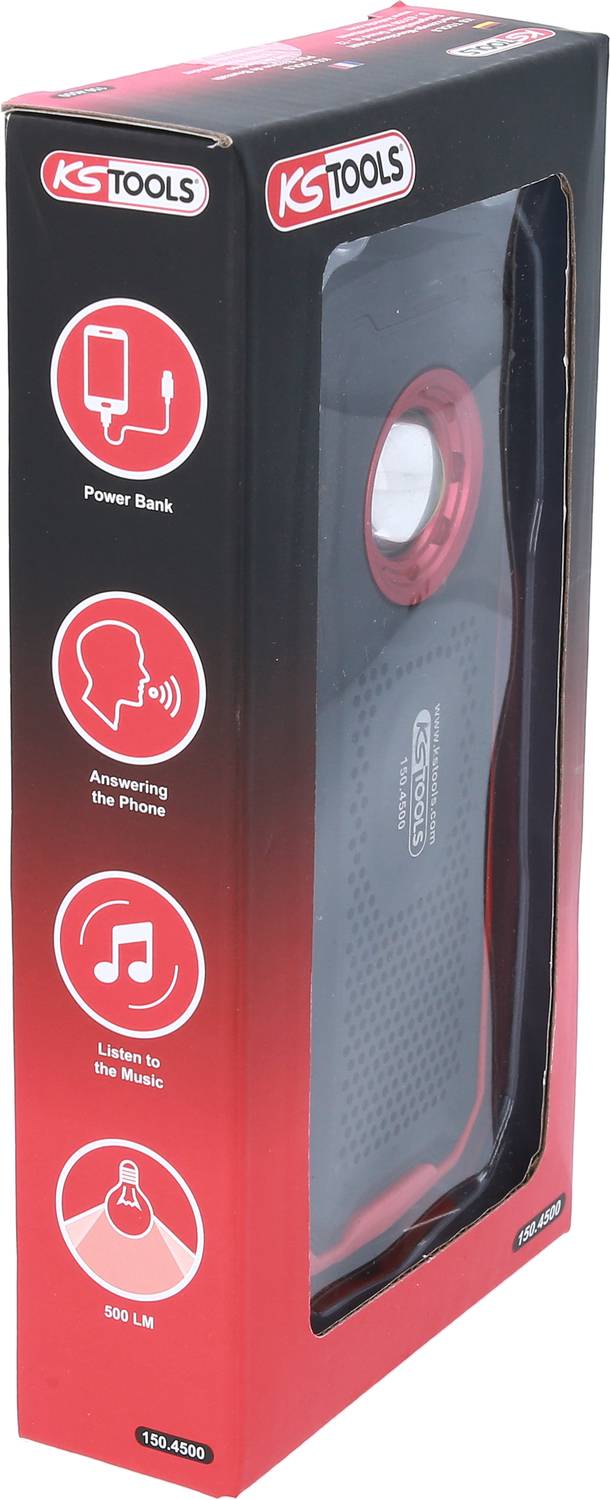 Confezione di una Power Bank KS Tools con altoparlante. Contiene simboli per le funzioni: chiamate telefoniche, riproduzione musicale, 500 lumen.