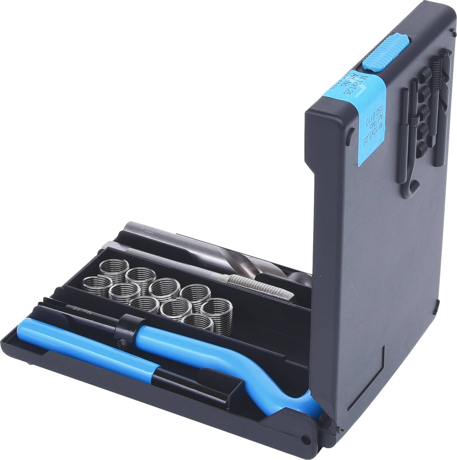 Un set di riparazione con diversi molle a vite, punte da trapano e un utensile blu, tutto organizzato in un contenitore nero.