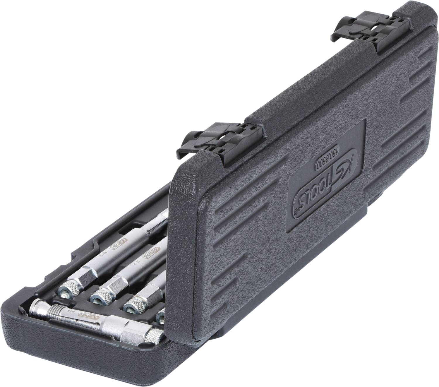 Cassetta degli attrezzi aperta con diversi inserti per chiavi a cricchetto all'interno. Valigetta realizzata in materiale robusto con chiusure a scatto.