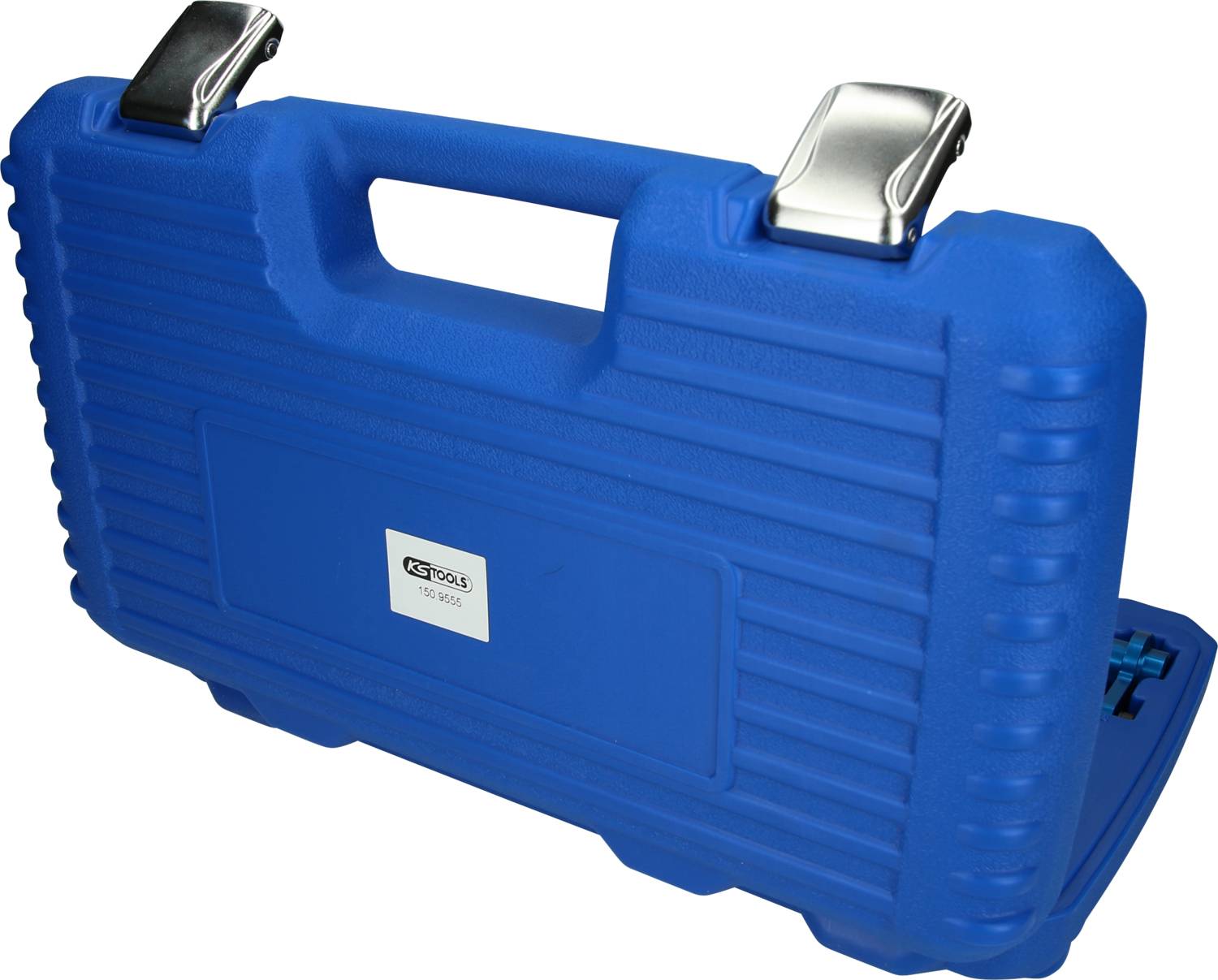 Valigetta porta attrezzi blu con chiusure argentate, progettata in modo robusto, adatta per la conservazione e il trasporto di utensili.