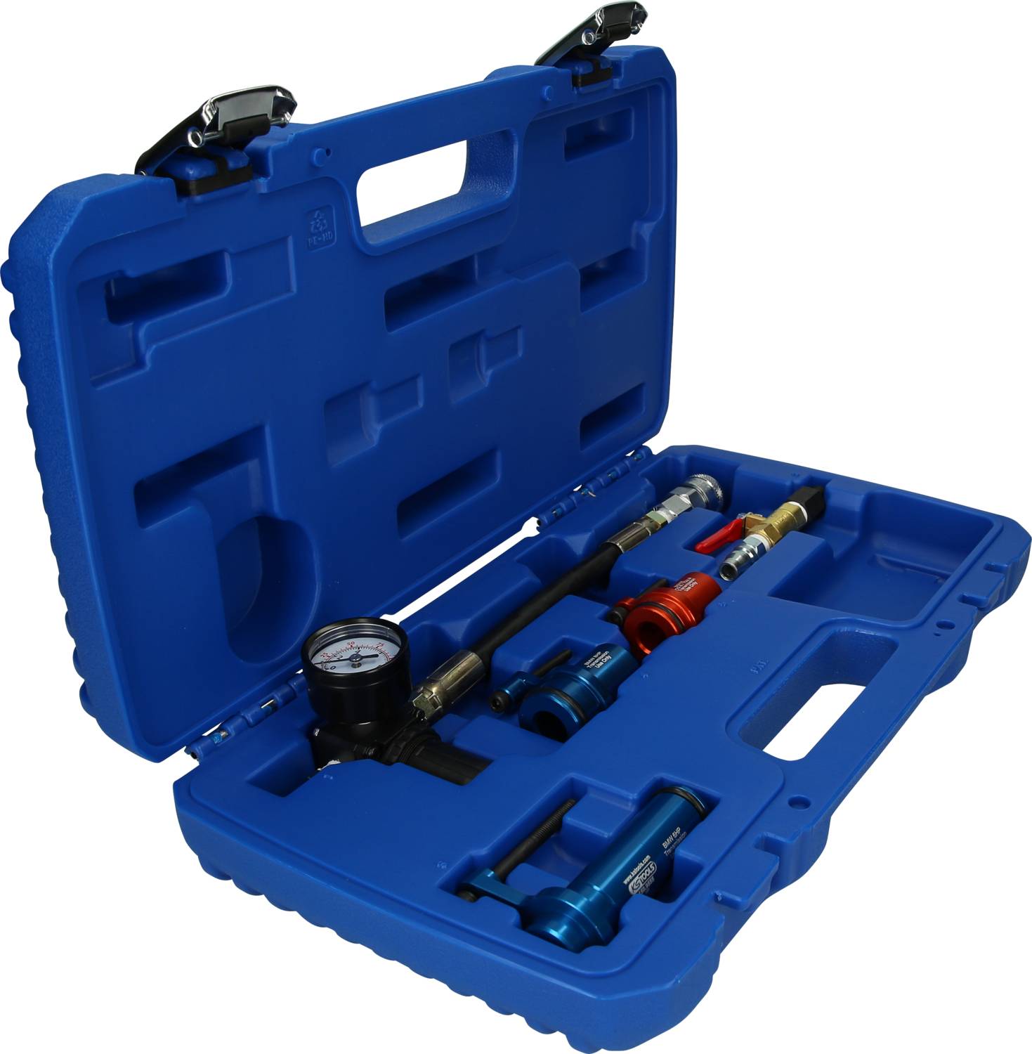 Borsa degli attrezzi blu con coperchio aperto che mostra diversi utensili e un manometro al suo interno, adatta per la misurazione della pressione.