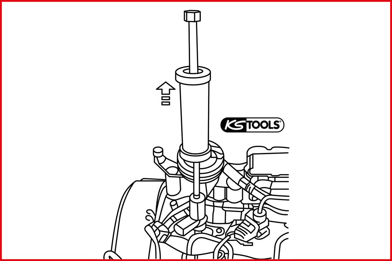 "Dispositivo di estrazione per valvole di iniezione" di KS Tools, installato su un motore per la rimozione dell'iniettore.