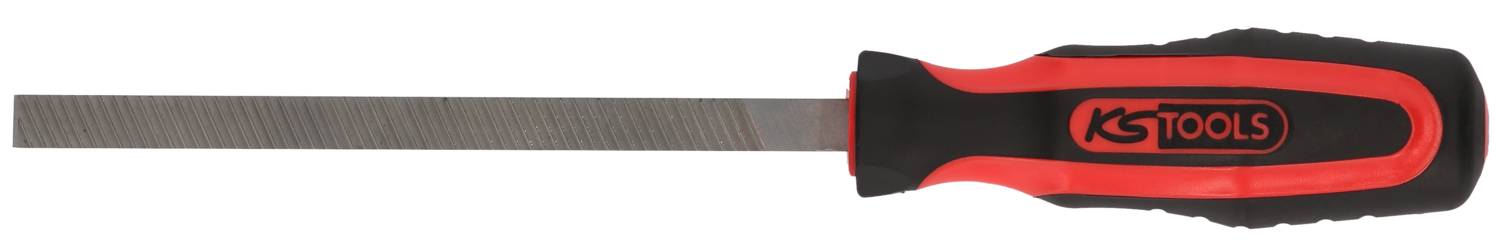 Giacente orizzontalmente, una lima con impugnatura rossa e nera del marchio 'KS Tools'.