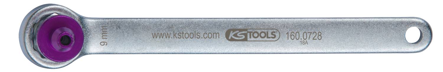 Una chiave inglese in argento con interno viola da un lato. L'incisione riporta '160.0728' e 'www.kstools.com'.