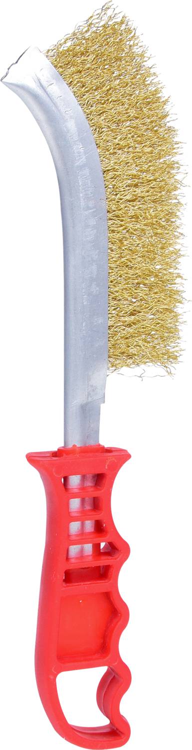 Spazzola metallica con manico rosso e testa curva, composta da setole di ottone. Principalmente utilizzata per la pulizia di superfici metalliche.