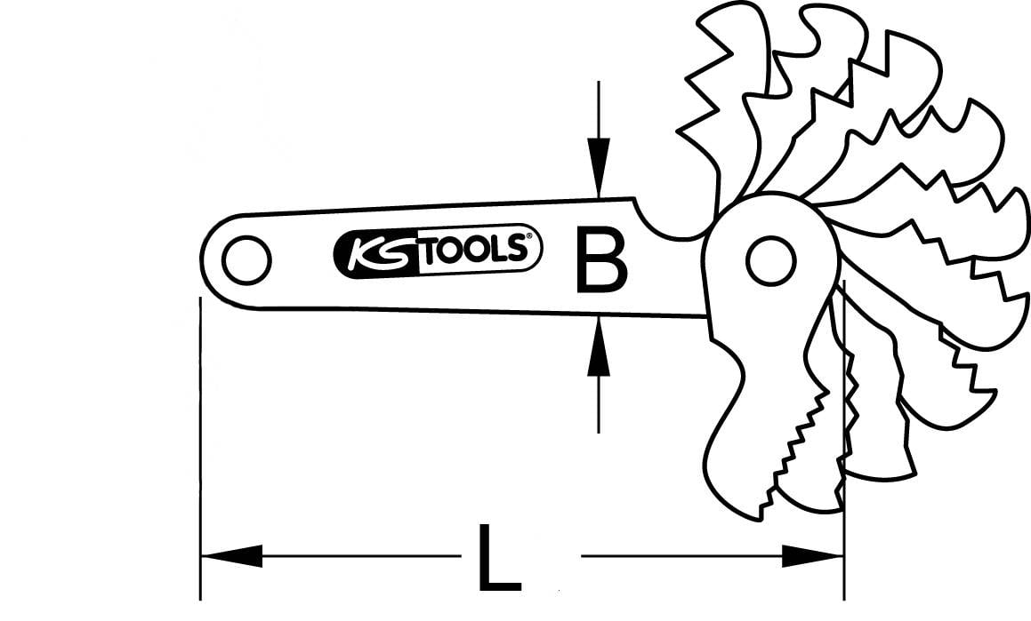 Manuale di misurazione per passi di filettatura di KS Tools, illustra le diverse forme di dentatura per dimensioni di filettature metriche e imperiali.