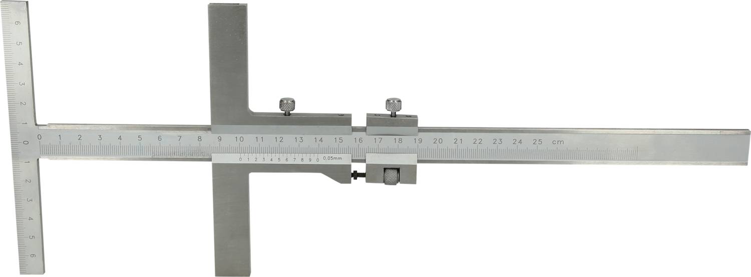 Un dispositivo di misurazione di precisione in metallo con scala in centimetri, utilizzato per misurare oggetti con precisione in applicazioni tecniche.