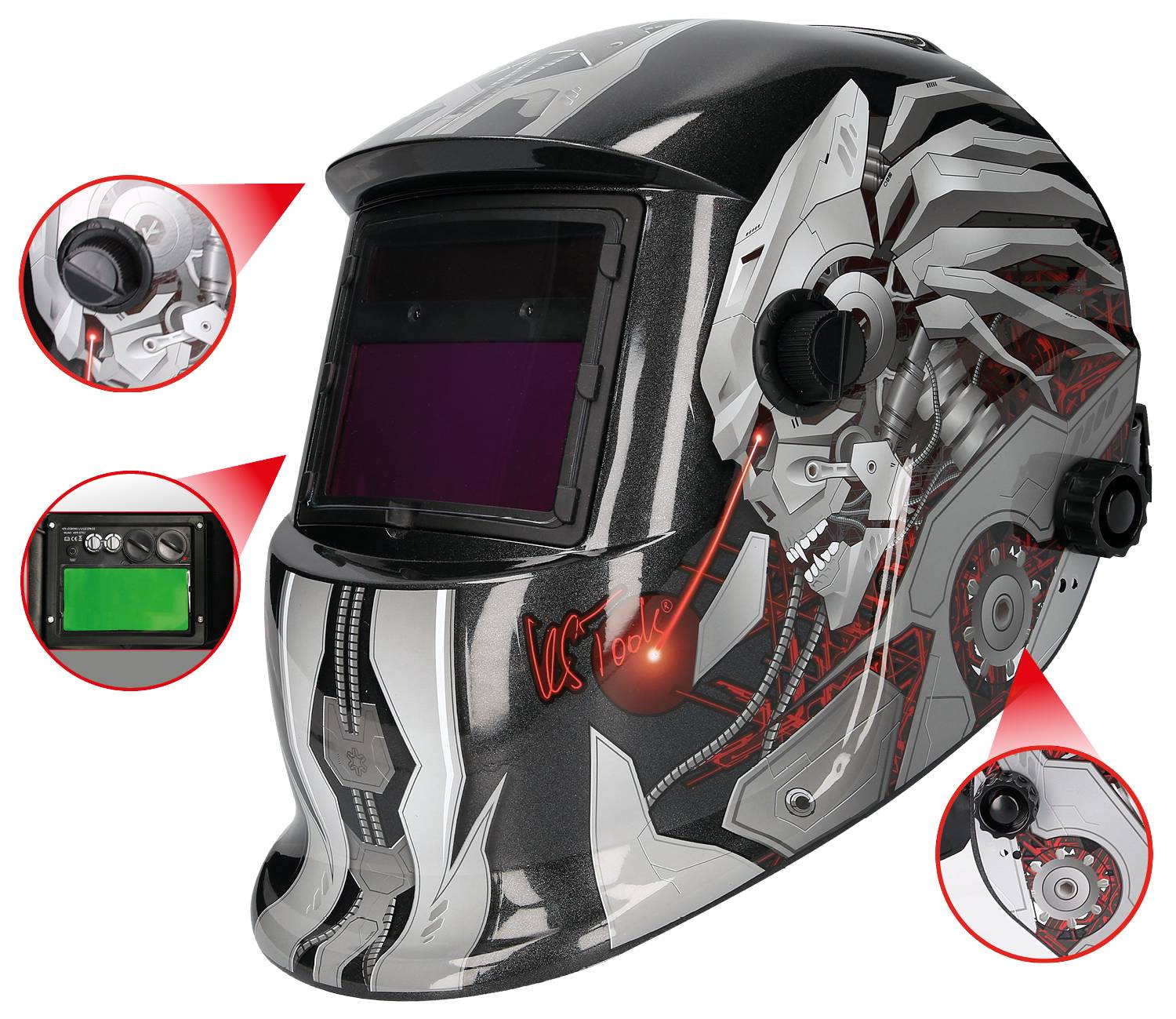 Casco da saldatore con design grafico e diverse viste dettagliate, incluso un campo visivo regolabile e comandi.