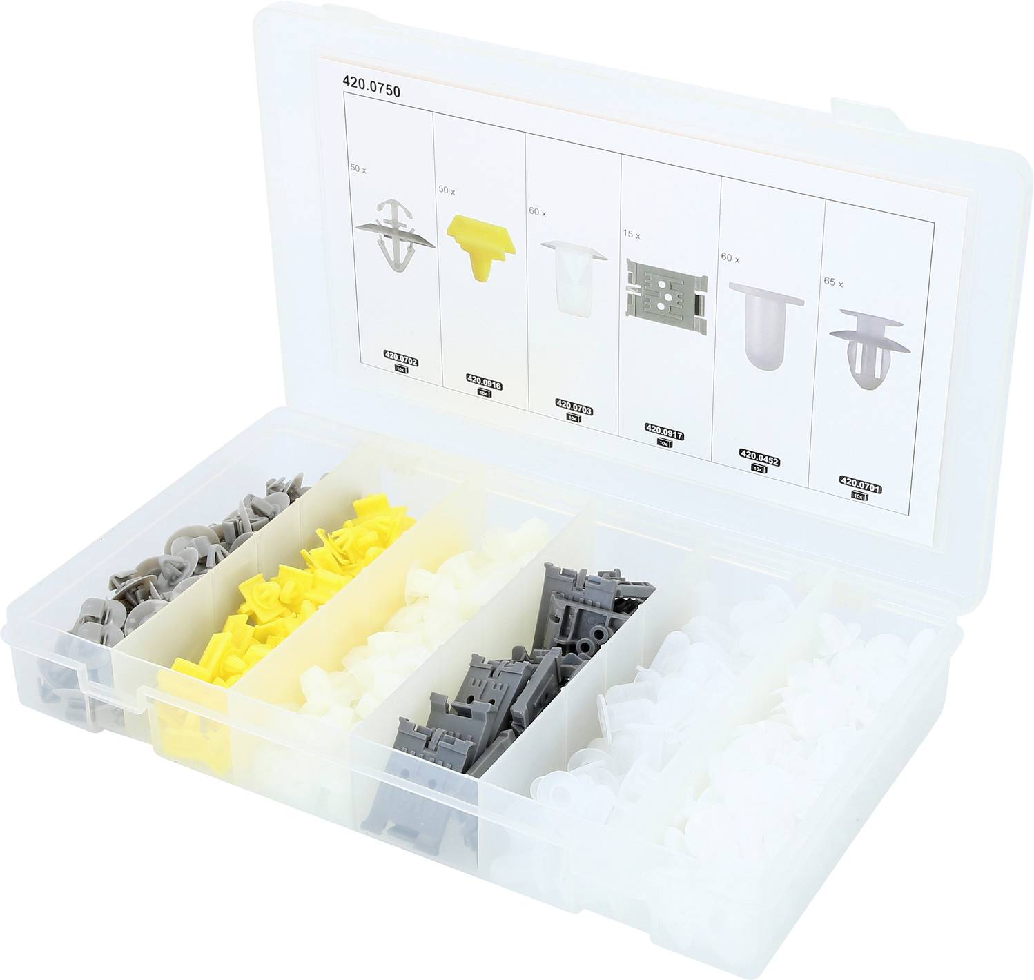 Scatola organizzatrice in plastica con compartimenti etichettati di assortiti fermi clip automobilistici in grigio, giallo, nero e bianco.