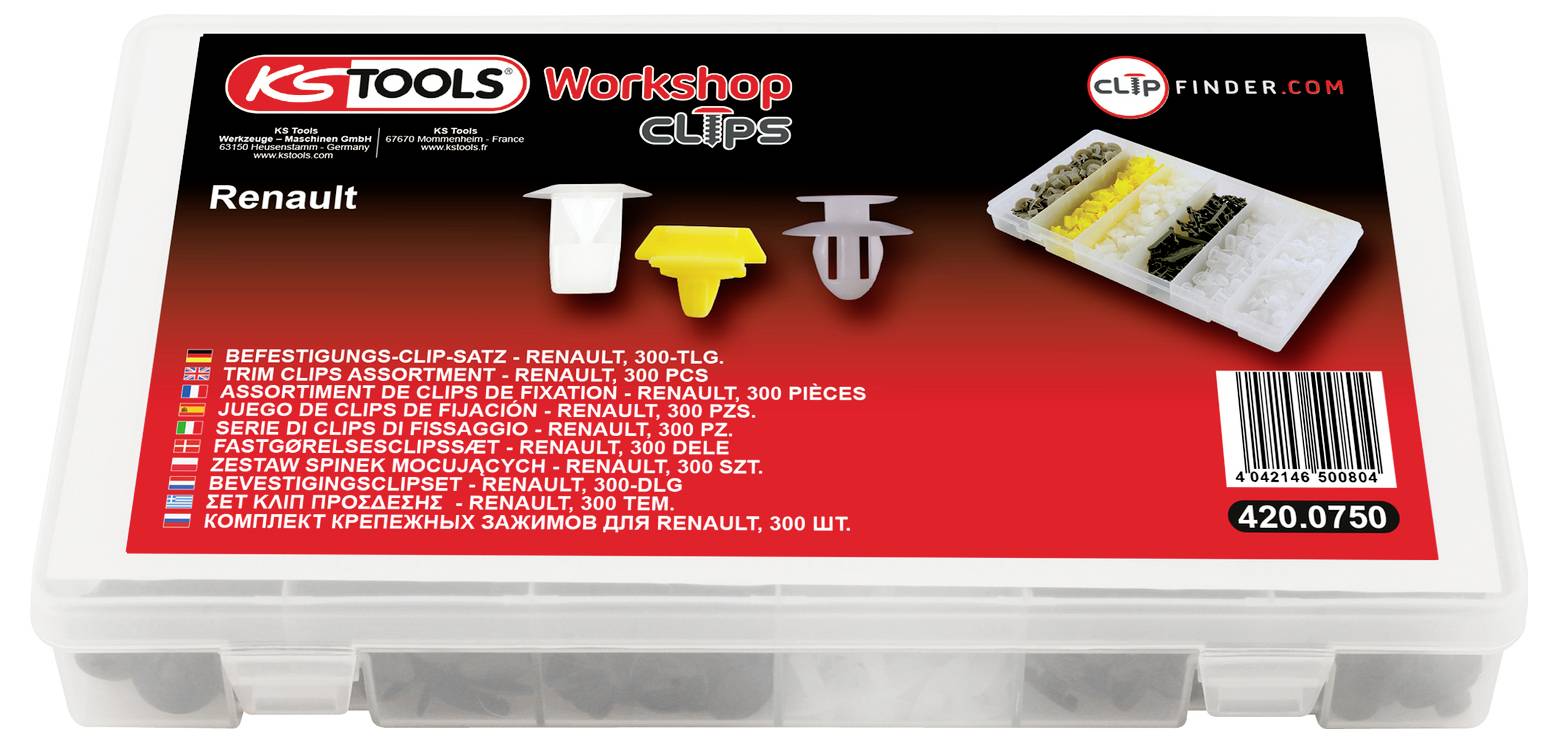KSTools Workshop Clips Assortimento di clip di trim Renault in una custodia in plastica, etichettato con tipi di clip, 300 pezzi, codice prodotto 420.0750.