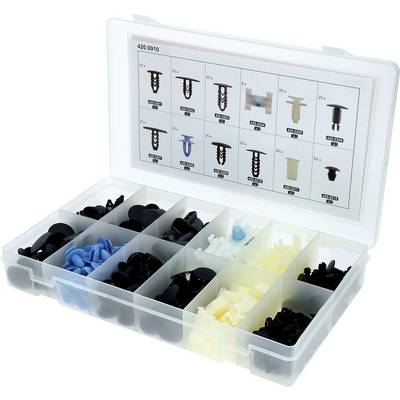 Scatola organizzatrice in plastica con scomparti contenenti una varietà di clips e fastener automotive, coperchio etichettato con tipi e dimensioni di clips