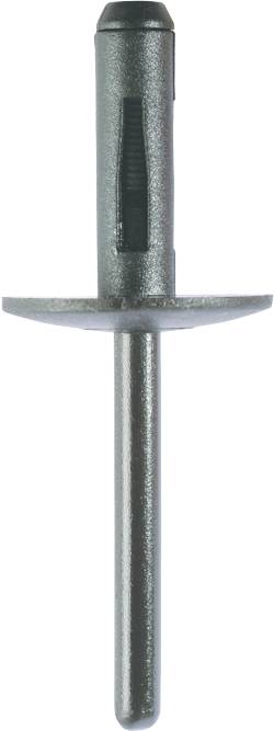 Rivetti ciechi in argento con punta lunga e testa piatta, utilizzati per fissare materiali nella lavorazione dei metalli.