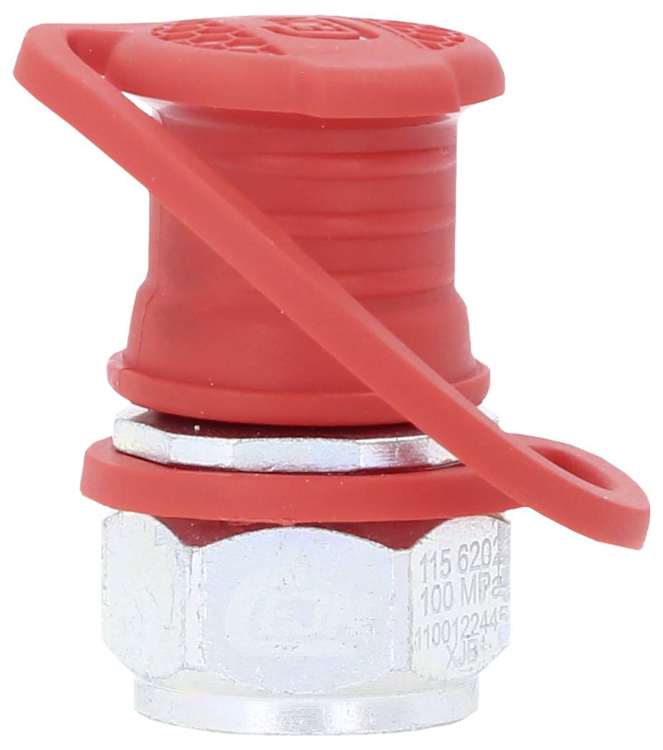Un coperchio di sicurezza cilindrico rosso in plastica su un filetto metallico, che previene l'accumulo di polvere o sporcizia.