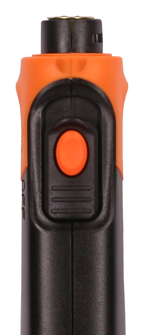 Un accenditore elettrico portatile nero e arancione con un ampio pulsante centrale di attivazione.