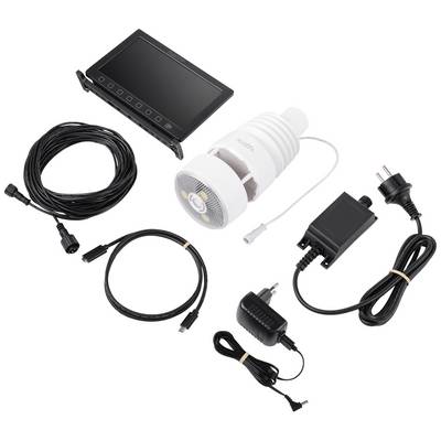 Un set di microscopi digitali con monitor, fotocamera, cavi e alimentatore. Ideale per ingrandimenti precisi e indagini dettagliate.