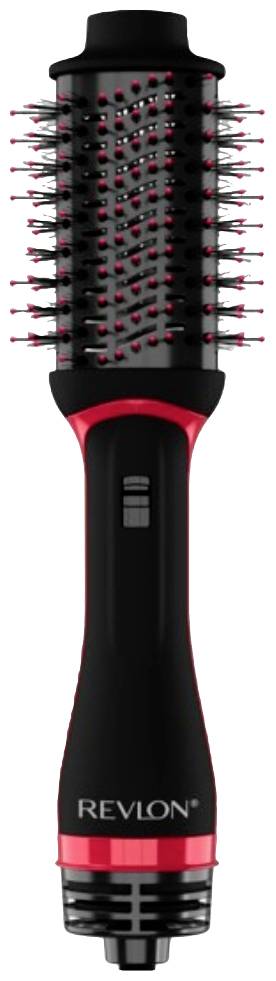 Spazzola ad aria calda nera e rossa di Revlon, rotonda con rilievi e setole per lo styling dei capelli.