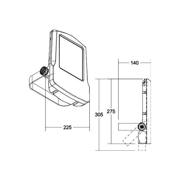 Disegno tecnico di un supporto a parete con dimensioni: larghezza 225 mm, altezza 305 mm, profondità regolabile da 140 mm a 275 mm.