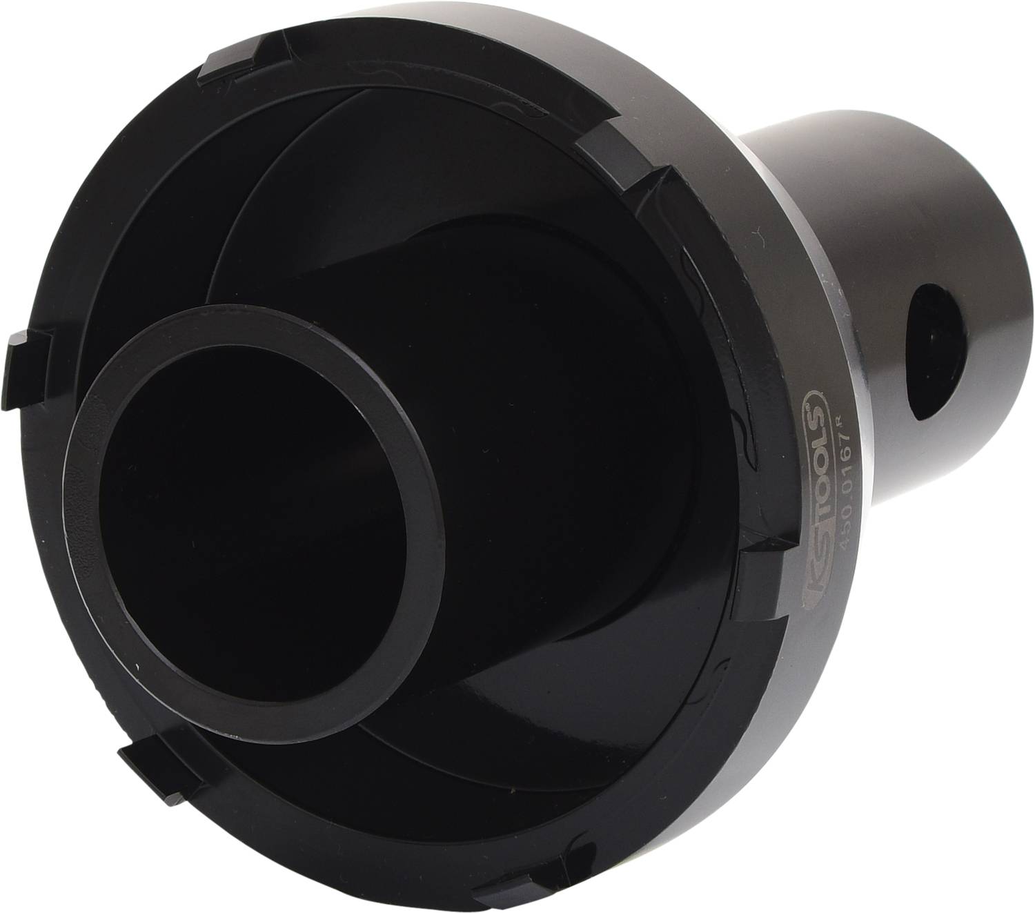 Un adattatore nero in metallo dalla forma cilindrica con più nervature sulla superficie esterna. Viene utilizzato come strumento o accessorio.