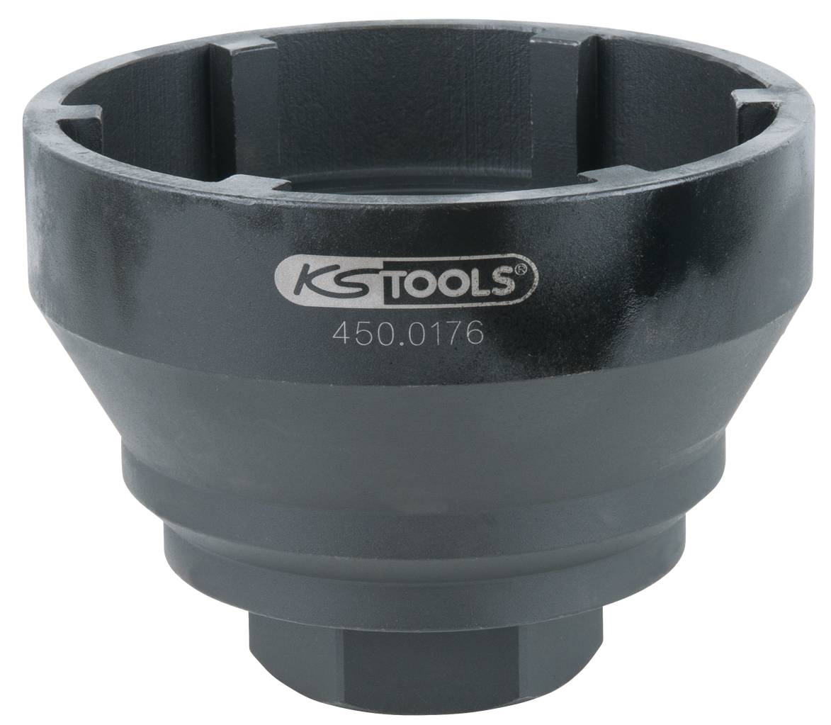 Strumento nero a forma di cilindro con la scritta 'KS TOOLS 450.0176', utilizzato per rimuovere o installare dadi speciali.