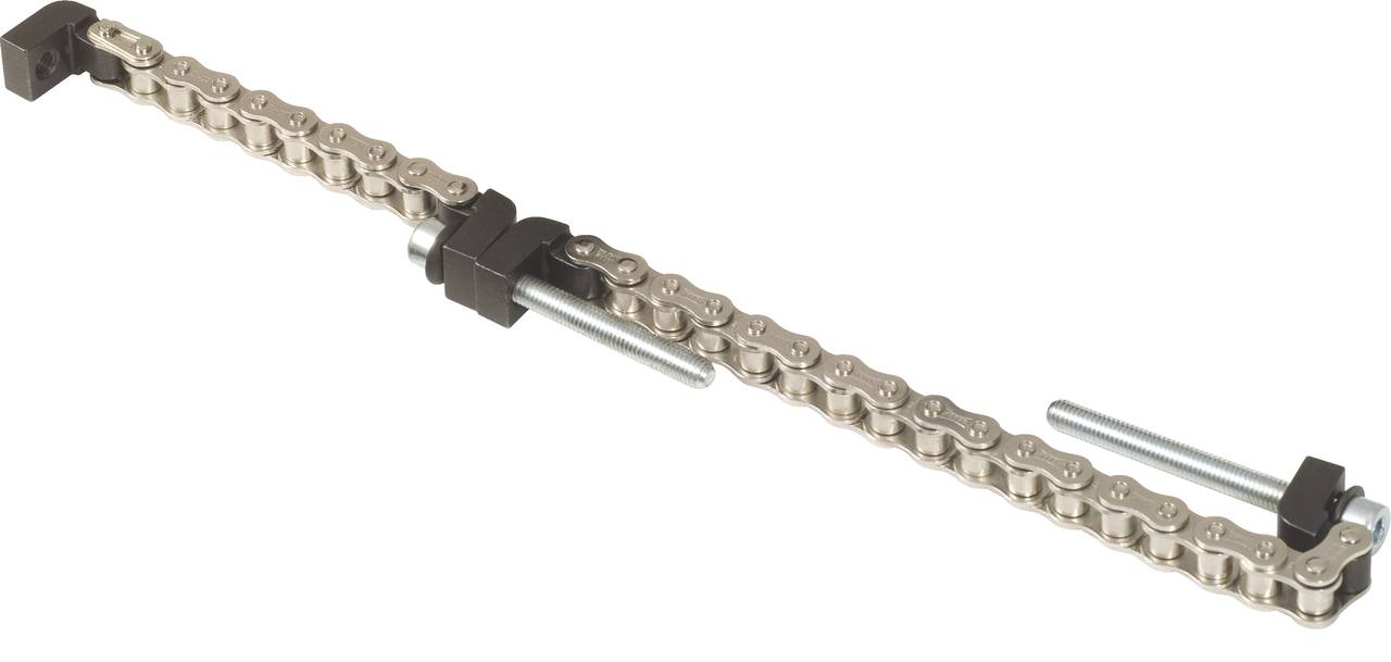 Catena metallica con due barre filettate e morsetti per regolare la tensione, immagine tipica di un attrezzo per catene di biciclette.