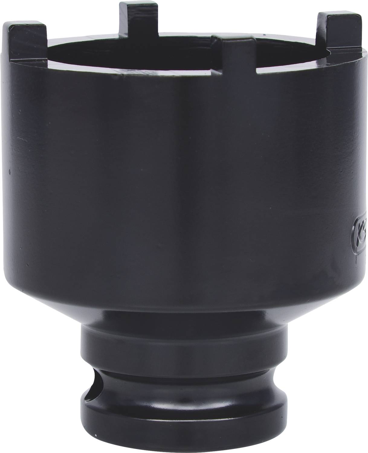 'Testa di chiave a brugola nera, cilindrica, con quattro intagli superiori, adatta per lavori meccanici pesanti e manutenzione di macchinari.'