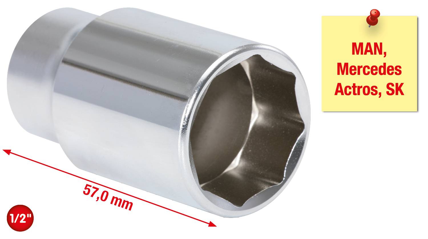 Chiave esagonale, misura 57,0 mm, per MAN, Mercedes Actros, SK. Nota senza decorazioni o contesto aggiuntivi.